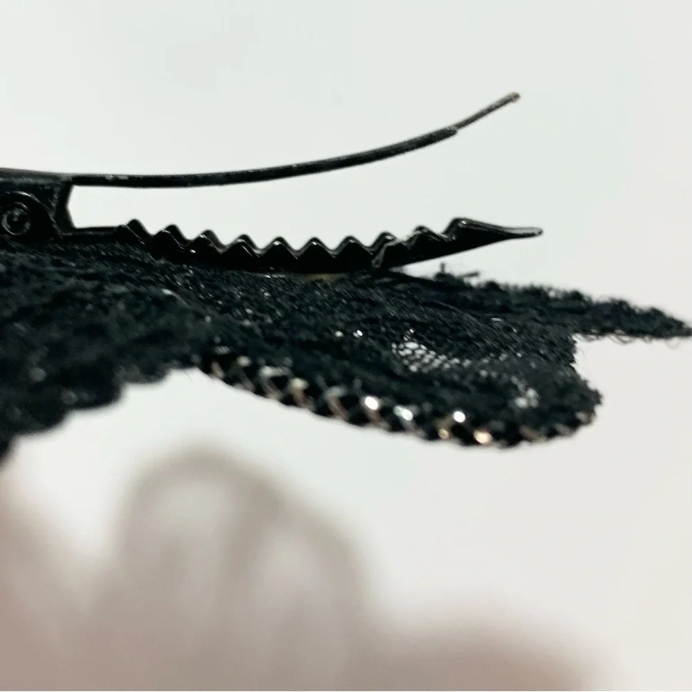 Vintage Black Flower Barrette Applique Mesh Sequins Squeeze Clip